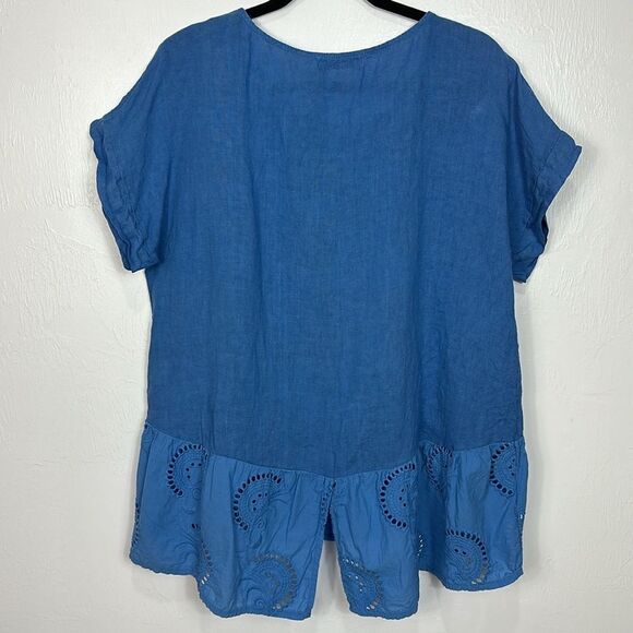 Terzo Millennio 100% Linen Tunic Top Blouse Eyelet Hem In Blue Size L - Picture 3 of 8